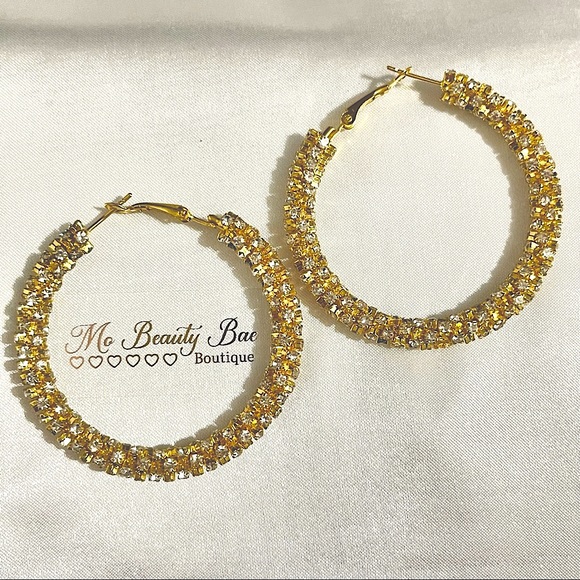 Gold Rhinestone Hoop Earrings - Picture 3 of 6